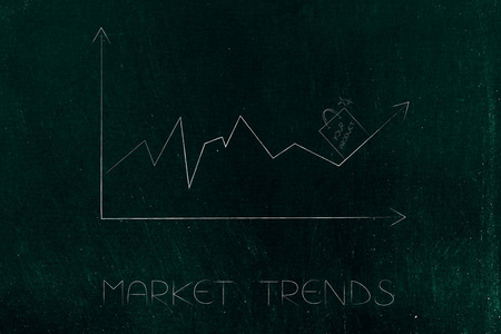 市场趋势概念插图 统计图与销售向上和购物袋在箭头顶部