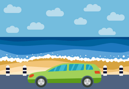 绿色的汽车在道路上与海的背景。矢量插图