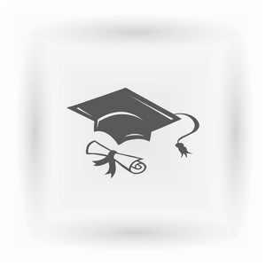 毕业帽和热轧的文凭滚动与邮票。完成教育概念。平面样式矢量图