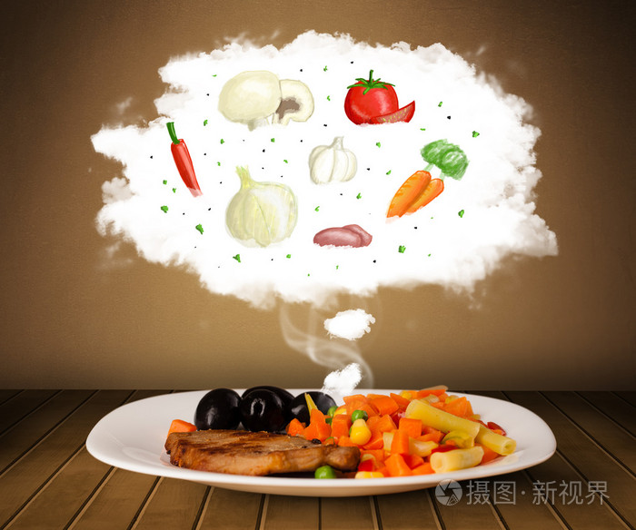 盘食物与蔬菜成分的插图中云