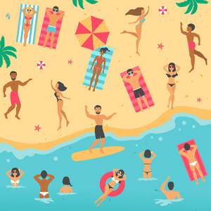 矢量卡通平面插图与人们在夏日沙滩上