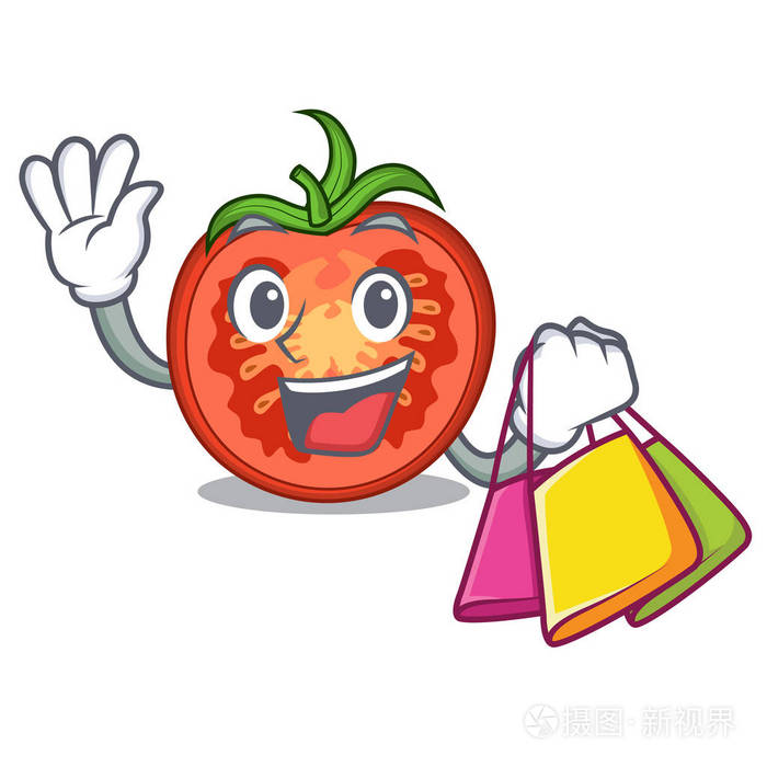 购物卡通西红柿切片在砧板上