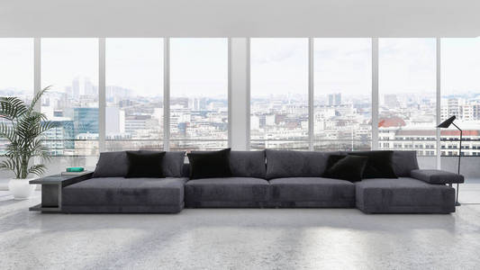 大型豪华现代明亮内饰公寓客厅插图3d 渲染计算机生成图像