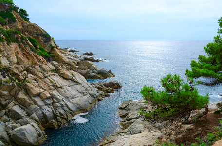 岩石海岸和大海的美丽景色, 太阳海岸, 加泰罗尼亚, 西班牙