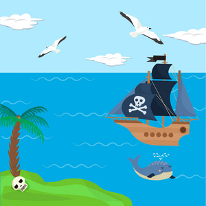 海边帆船海盗船矢量儿童卡通盗版背景与 pirateboat 或帆船在海边与
