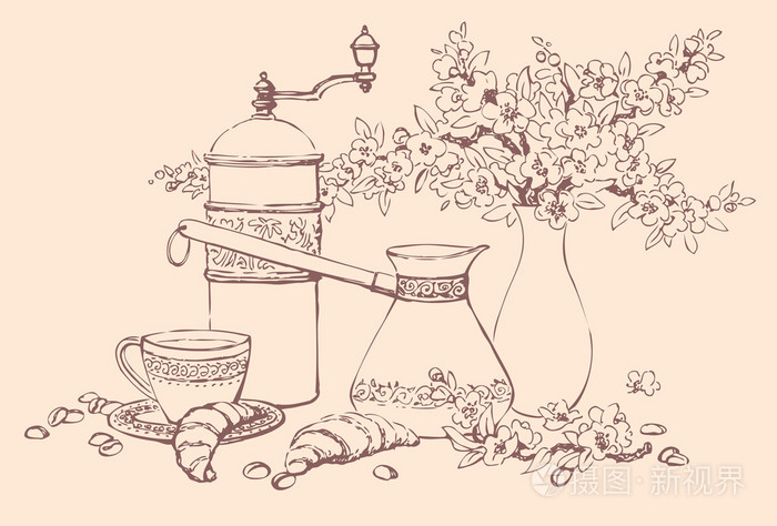 咖啡配件, 羊角面包和一只花瓶里的花插画-正版商用图片06rgat-摄图新