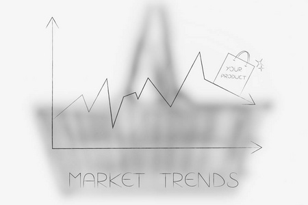 市场趋势概念插图 统计图与销售下降和购物袋顶部的箭头
