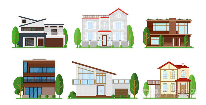 现代公寓, 平房, 建筑概念小屋在平面设计.eps