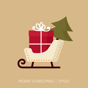 圣诞老人雪橇与礼品盒和圣诞树图标。圣诞快乐, 新年愉快。圣诞贺卡模板。孤立向量例证