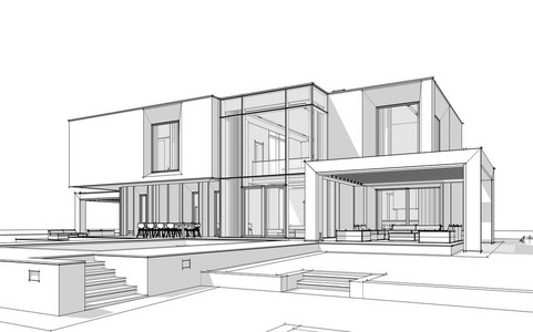 3d. 在河边用车库进行出售或出租, 绘制现代舒适住宅的草图。白色背景上带有柔和光线阴影的黑色线条草图