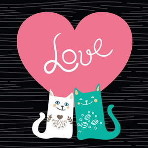 矢量插画画字设计情侣情人节爱猫