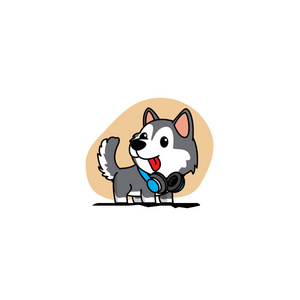 可爱的西伯利亚沙哑小狗与蓝色耳机图标, 标志设计, 矢量插图