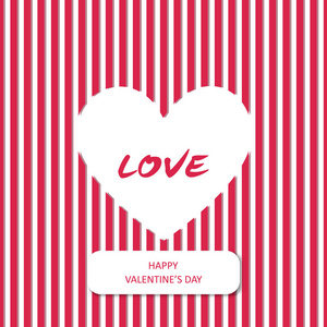 简单的白色心脏与爱词在红色条纹背景为情人节卡片概念设计思想