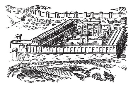 古耶路撒冷是位于耶路撒冷老城的寺庙山上的一系列建筑, 复古线条绘画或雕刻插图