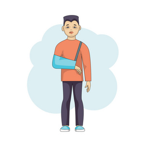 胳膊受伤年轻男性字符与受伤的胳膊在石膏隔绝了照片