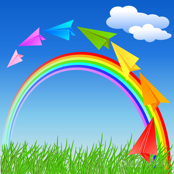 五颜六色的纸飞机和彩虹