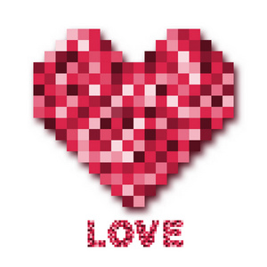 抽象数字像素镶嵌粉红色的心在白色背景下为情人节概念理念