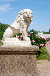 白色的大理石，在公园里的狮子雕像