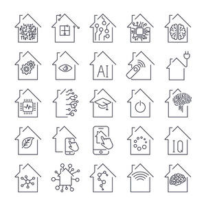 简单的一套智能住宅相关的线图标。智能家居和技术图标设置。可编辑描边