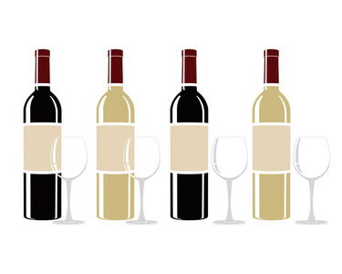葡萄酒瓶和眼镜的矢量插图图标