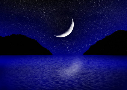 一半的星空反映在水中的月亮自然幻想背景夜景景观神秘湖的倒影