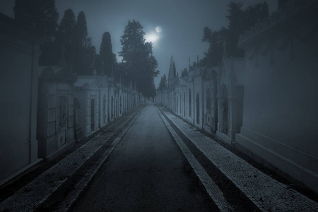 老公墓街道在一个有雾的满月夜照片