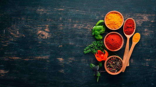 一组香料和草药。印度菜。胡椒, 盐, 辣椒粉, 罗勒, 姜黄。在一个黑色的木板黑板上。顶部视图。免费复制空间