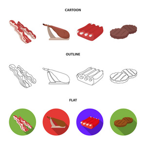 熏肉, jamon, 排骨, 炸肉饼。肉类集合图标在卡通, 轮廓, 平面风格矢量符号股票插画网站