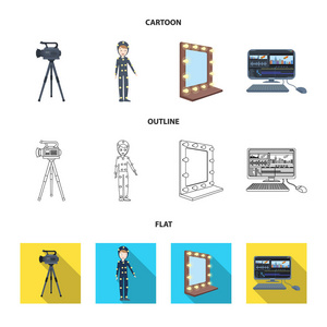 一部电影摄影机, 一套特殊效果和其他设备的套装。制作电影集图标动画, 轮廓, 平面风格矢量符号股票插画网站