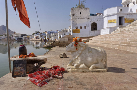 印度拉贾斯坦邦 普什卡，镇的看法和旧的宗教雕像的神圣的牛