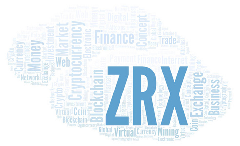 Zrx 或0x 加密货币硬币字云。只用文字制作的文字云