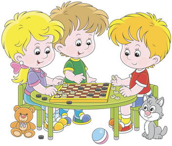 剑柄跳棋小孩子在玩跳棋, 一个卡通风格的矢量插图照片