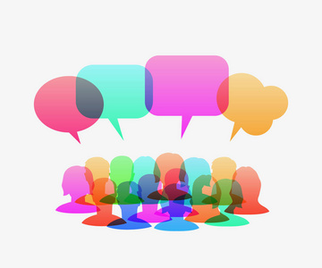 人物图标与五颜六色的对话框语音气泡。沟通与社交媒体理念