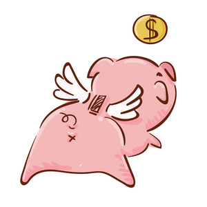 可爱的粉红色小猪银行与金币