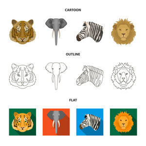 老虎, 狮子, 大象, 斑马, 现实动物集合图标在卡通, 轮廓, 平面风格矢量符号股票插画网站