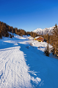 在高山滑雪度假村加施咖啡馆奥地利自然和体育背景