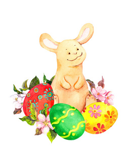 可爱的小兔子, 复活节彩蛋在春天的花朵。水彩