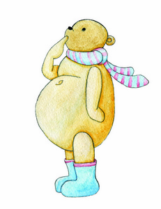 在熊粉红色蓝色的围巾和蓝色靴子与粉红色的条纹.在白色背景上的插图.