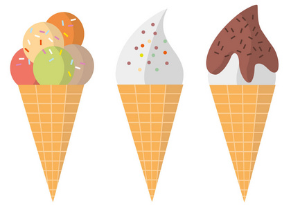 三种不同颜色的美味华夫饼冰淇淋锥和软冰与薄荷, 草莓, 柠檬和巧克力的配料, 矢量插图隔离在白色