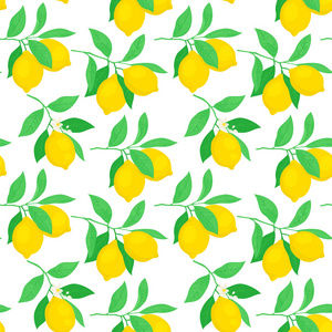 黄色柠檬和绿叶的无缝矢量图案