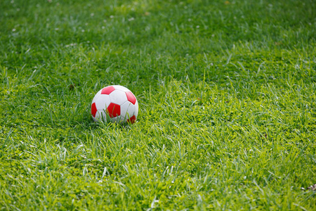 绿草上的红白足球。足球装备