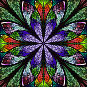 美丽的分形多色美丽分形理论在彩色玻璃窗口样式照片