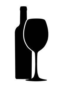瓶葡萄酒和酒杯矢量图标, 标志, 标志, 徽章, 在白色背景隔离的剪影