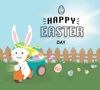 快乐复活节贺卡, 可爱的兔子与五颜六色的复活节彩蛋