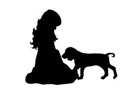 向量剪影的小女孩与狗在白色背景