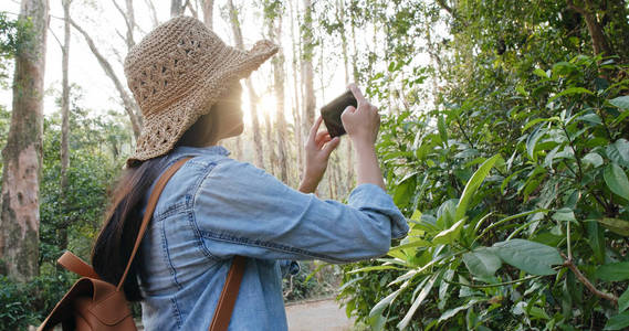 徒步旅行时, 妇女在手机上拍照