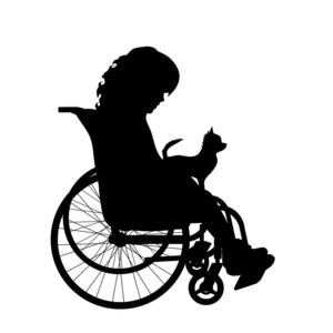 小女孩的向量剪影在轮椅和狗在白色背景