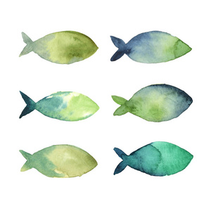 一组简单的绿蓝鱼剪影图片