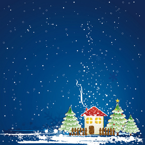 圣诞贺卡与房子 松树和雪花在蔚蓝的天空，矢量图