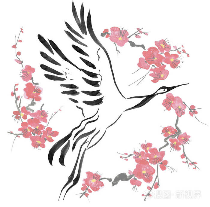 水彩和水墨插图在风格的墨-e, u-罪, 去华东方传统绘画.孤立